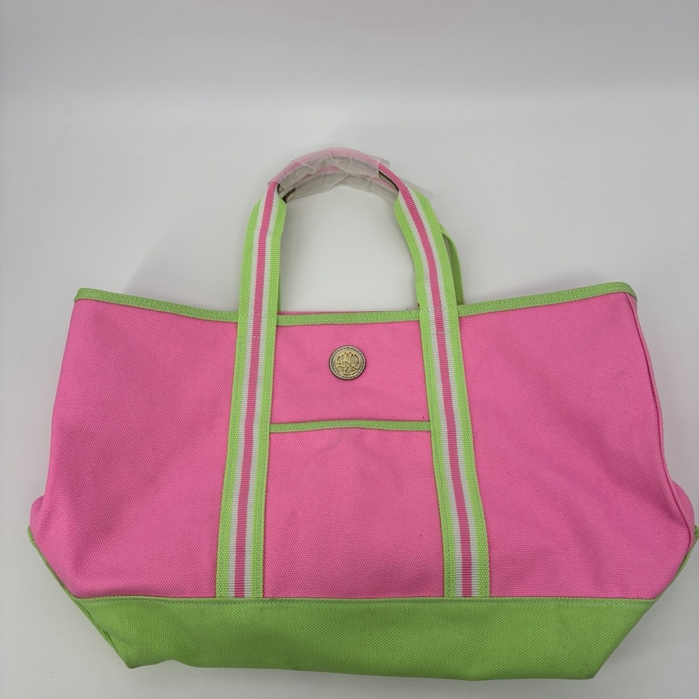 Lilly Pulitzer MERCATO Tote Bag Shandy Pink Green Canvas Beach Bag Vacation‎